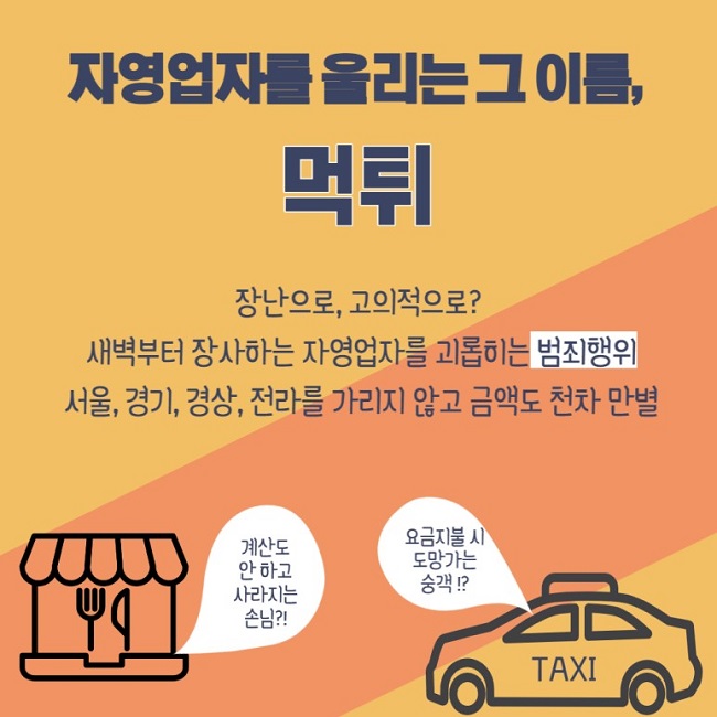 자영업자를 울리는 그 이름, 먹튀
장난으로, 고의적으로?
새벽부터 장사하는 자영업자를 괴롭히는 범죄행위
서울, 경기, 경상, 전라를 가리지 않고 금액도 천차 만별
계산도 안 하고 사라지는 손님?!
요금지불 시 도망가는 승객 !?