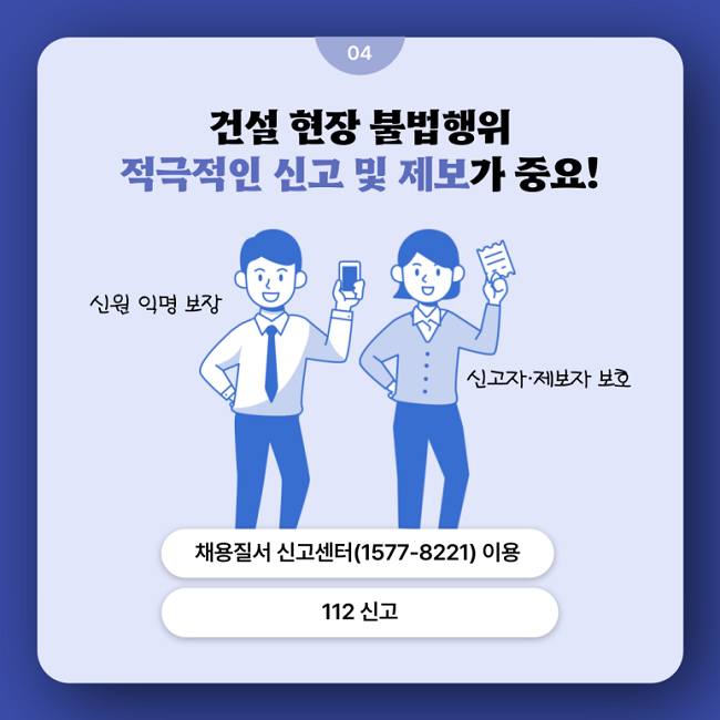 04
건설 현장 불법행위
적극적인 신고 및 제보가 중요!
신원 익명 보장
신고자·제보자 보호
채용질서 신고센터(1577-8221) 이용
112 신고