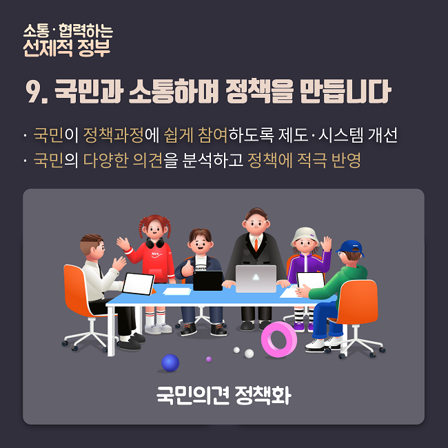 소통?협력하는 서비스 정부
9. 국민과 소통하며 정책을 만듭니다
- 국민이 정책과정에 쉽게 참여하도록 제도?시스템 개선
- 국민의 다양한 의견을 분석하고 정책에 적극 반영

* 국민의견 정책화