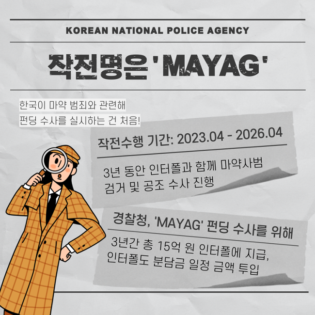 KOREAN NATIONAL POLICE AGENCY
작전명은 'MAYAG'
한국이 마약 범죄와 관련해
펀딩 수사를 실시하는 건 처음!
작전수행 기간: 2023.04. - 2026.04.
3년 동안 인터폴과 함께 마약사범 검거 및 공조 수사 진행
경찰청, 'MAYAG' 펀딩 수사를 위해
3년간 총 15억 원 인터폴에 지급,
인터폴도 분담금 일정 금액 투입