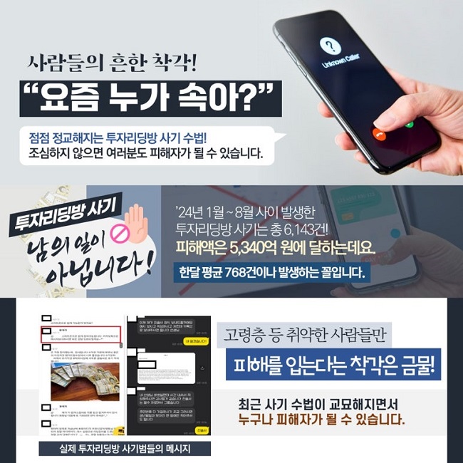 사람들의 흔한 착각!
"요즘 누가 속아?"
점점 정교해지는 투자리딩방 사기 수법!
조심하지 않으면 여러분도 피해자가 될 수 있습니다.
투자리딩방 사기
남의 일이 아닙니다!
'24년 1월~8월 사이 발생한
투자리딩방 사기는 총 6,143건!
피해액은 5,340억 원에 달하는데요.
한달 평균 768건이나 발생하는 꼴입니다.
고령층 등 취약한 사람들만
피해를 입는다는 착각은 금물!
최근 사기 수법이 교묘해지면서
누구나 피해자가 될 수 있습니다.
실제 투자리딩방 사기범들의 메시지