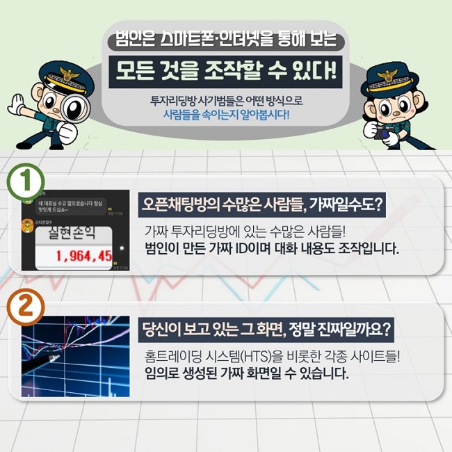 범인은 스마트폰·인터넷을 통해 보는
모든 것을 조작할 수 있다!
투자리딩방 사기범들은 어떤 방식으로
사람들을 속이는지 알아봅시다!
① 오픈채팅장의 수많은 사람들, 가짜일수도?
가짜 투자리딩방에 있는 수많은 사람들!
범인이 만든 가짜 ID이며 대화 내용도 조작입니다.
② 당신이 보고 있는 그 화면, 정말 진짜일까요?
홈트레이딩 시스템(HTS)을 비롯한 각종 사이트들!
임의로 생성된 가짜 화면일 수 있습니다.