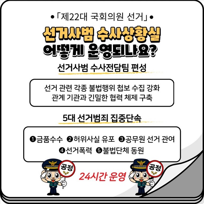 ㆍ「제22대 국회의원 선거」ㆍ
선거사범 수사상황실 어떻게 운영되나요?
선거사범 수사전담팀 편성
선거 관련 각종 불법행위 첩보 수집 강화
관계 기관과 긴밀한 협력 체제 구축
5대 선거범죄 집중단속
①금품수수 ②허위사실 유포 ③공무원 선거 관여 ④선거폭력 ⑤불법단체 동원
공정 24시간 운영 공정