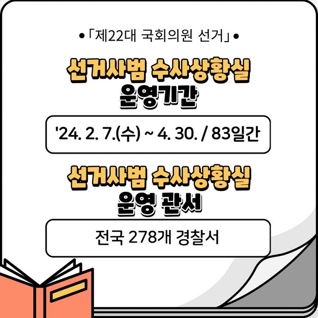 ㆍ「제22대 국회의원 선거」ㆍ
선거사범 수사상황실 운영기간
'24.2.7.(수) ~ 4.30. / 83일간
선거사범 수사상황실 운영 관서
전국 278개 경찰서