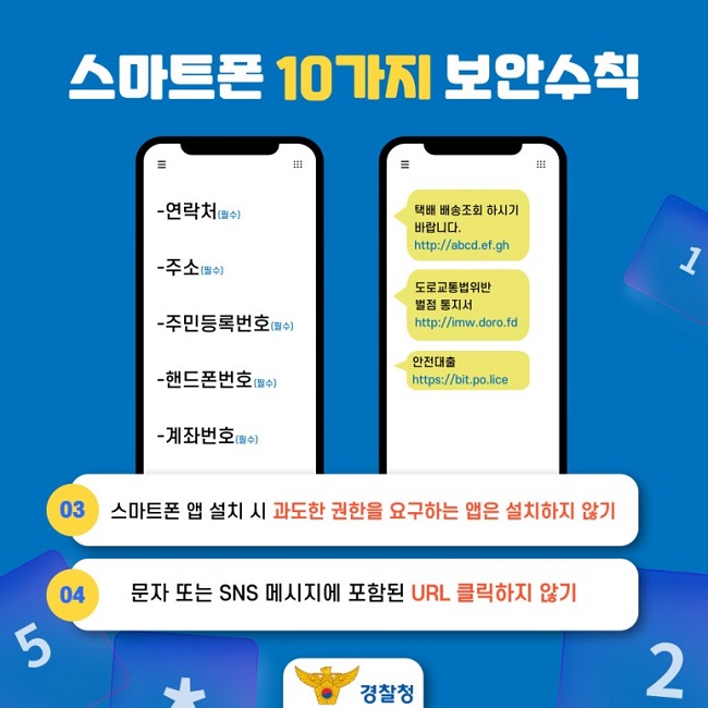 스마트폰 10가지 보안수칙
03 스마트폰 앱 설치 시 과도한 권한을 요구하는 앱은 설치하지 않기
04 문자 또는 SNS 메시지에 포함된 URL 클릭하지 않기
경찰청