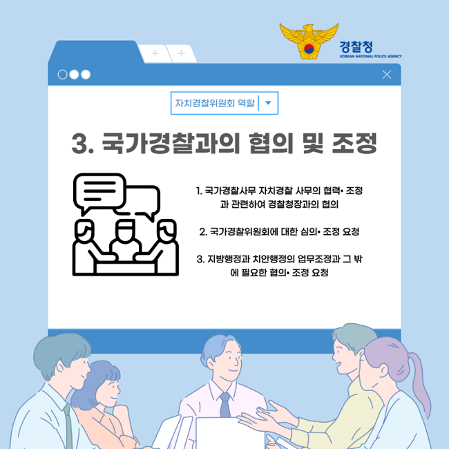 경찰청
KOREAN NATIONAL POLICE AGENCY
자치경찰위원회 역할
3. 국가경찰과의 협의 및 조정
1. 국가경찰사무 자치경찰 사무의 협력·조정과 관련하여 경찰청장과의 협의
2. 국가경찰위원회에 대한 심의·조정 요청
3. 지방행정과 치안행정의 업무조정과 그 밖에 필요한 협의·조정 요청