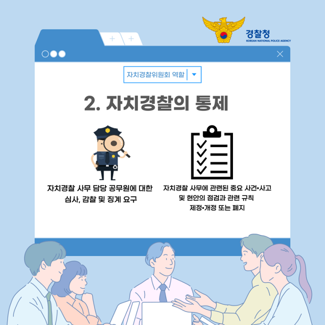경찰청
KOREAN NATIONAL POLICE AGENCY
자치경찰위원회 역할
2. 자치경찰의 통제
자치경찰 사무 담당 공무원에 대한 심사, 감찰 및 징계 요구
자치경찰 사무에 관련된 중요 사건·사고 및 현한의 점검과 관련 규치 제정·개정 또는 폐지
