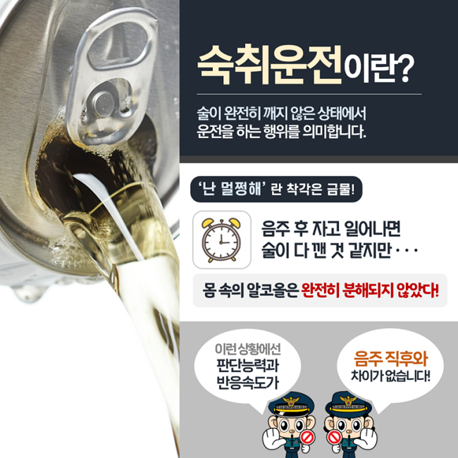 숙취운전이란?
술이 완전히 깨지 않은 상태에서
운전을 하는 행위를 의미합니다.
'난 멀쩡해'란 착각은 금물!
음주 후 자고 일어나면
술이 다 깬 것 같지만···
몸 속의 알코올은 완전히 분해되지 않았다!
이런 상황에선 판단능력과 반응속도가
음주 직후와 차이가 없습니다!