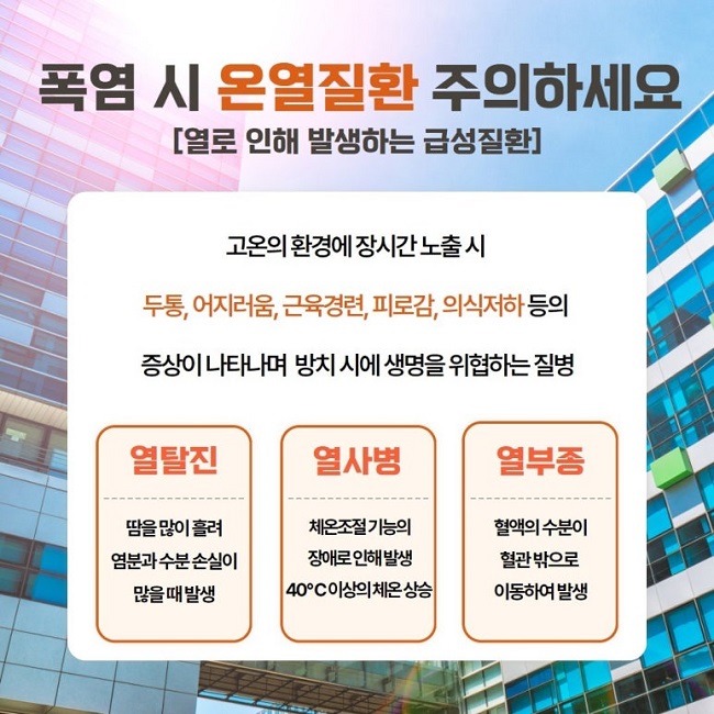 폭염 시 온열질환[열로 인해 발생하는 급성질환] 주의하세요
고온의 환경에 장시간 노출 시
두통, 어지러움, 근육경련, 피로감, 의식저하 등의
증상이 나타나며 방치 시에 생명을 위협하는 질병
열탈진
땀을 많이 흘려
염분과 수분 손실이
많을 때 발생
열사병
체온조절 기능의
장애로 인해 발생
40℃이상의 체온 상승
열부종
혈액의 수분이
혈관 밖으로
이동하여 발생