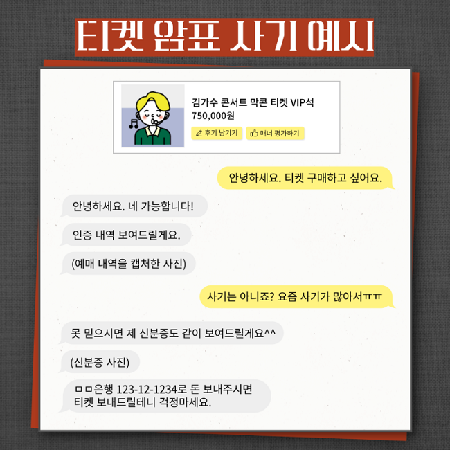티켓 암표 사기 예시
김가수 콘서트 막콘 티켓 VIP석
750,000원
후기 남기기 매너 평가하기
안녕하세요. 티켓 구매하고 싶어요.
안녕하세요. 네 가능합니다!
인증 내역 보여드릴게요.
(예매 내역을 캡처한 사진)
사기는 아니죠? 요즘 사기가 많아서ㅠㅠ
못 믿으시면 제 신분증도 같이 보여드릴게쇼^^
(신분증 사진)
ㅁㅁ은행 123-12-1234로 돈 보내주시면
티켓 보내드릴테니 걱정마세요.