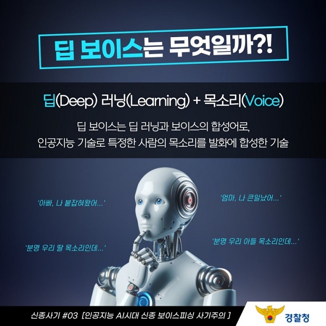 딥 보이스는 무엇일까?!
딥(Deep) 러닝(Learning) + 목소리(Voice)
딥 보이스는 딥 러닝과 보이스의 합성어로,
인공지능 기술로 특정한 사람의 목소리를 발화에 합성한 기술
'아빠, 나 붙잡혀왔어...'
'엄마, 나 큰일났어...'
'분명 우리 딸 목소리인데...'
'분명 우리 아들 목소리인데...'
신종사기 #03 [인공지능 AI시대 신종 보이스피싱 사기주의]
경찰청