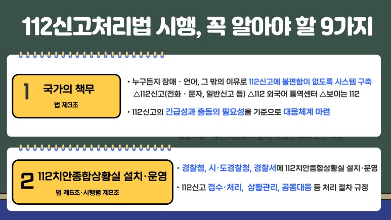 112신고처리법 시행, 꼭 알아야 할 9가지
1 국가의 책무 법 제3조
▶누구든지 장애·언어, 그 밖의 이유로 112신고에 불편함이 없도록 시스템 구축
△112신고(전화·문자, 일반신고 등) △112 외국어 통역센터 △보이는 112
▶112신고의 긴급성과 출동의 필요성을 기준으로 대응체계 마련
2 112치안종합상황실 설치·운영 법 제6조·시행령 제2조
▶경찰청, 시·도경찰청, 경찰서에 112치안종합상황실 설치·운영
▶112신고 접수·처리, 상황관리, 공동대응 등 처리 절차 규정