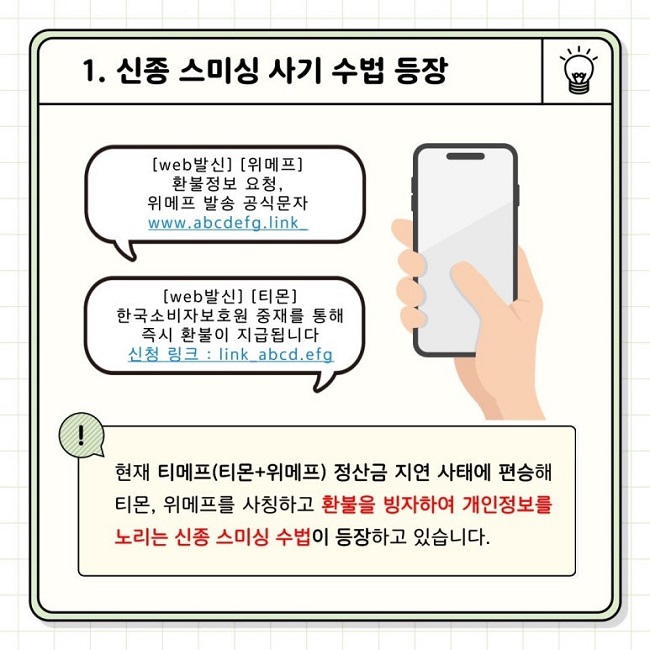 1. 신종 스미싱 사기 수법 등장
[web발신] [위메프]
환불정보 요청,
위메프 발송 공식문자
www.abcdefg.link
[web발신] [티몬]
한국소비자보호원 중재를 통해
즉시 환불이 지급됩니다
신청 링크 : link_abcd.efg
!
현재 티메프(티몬+위메프) 정산금 지연 상태에 편승해
티몬, 위메프를 사칭하고 환불을 빙자하여 개인정보를
노리는 신종 스미싱 수법이 등장하고 있습니다.