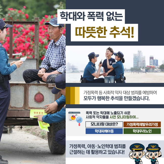 학대와 폭력 없는
따뜻한 추석!
가정폭력 등 사회적 약자 대상 범죄를 예방하여
모두가 행복한 추석을 만들겠습니다.
폭력 또는 학대에 노출되기 쉬운
사회적 약자들을 사전 모니터링하여...
가정폭력, 아동·노인학대 범죄를
근절하는 데 활용하고 있습니다!
모니터링 대상은? 가정폭력재발우려가정 학대피해아동 학대우려노인