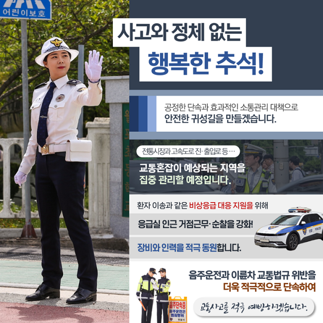 사고와 정체 없는
행복한 추석!
공정한 단속과 효과적인 소통관리 대책으로
안전한 귀성길을 만들겠습니다.
전통시장과 고속도로 진·출입로 등···
교통혼잡이 예상되는 지역을
집중 관리할 예정입니다.
환자 이송과 같은 비상응급 대응 지원을 위해
응급실 인근 거점근무·순찰을 강화!
장비와 인력을 적극 동원합니다.
음주운전과 이륜차 교통법규 위반을
더욱 적극적으로 단속하여
교통사고를 적극 예방하겠습니다.