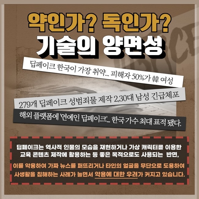 약인가? 독인가?
기술의 양면성
딥페이크 한국이 가장 취약... 피해자 50%가 韓 여성
279개 딥페이크 성범죄물 제작 2,30대 남성 긴급체포
해외 플랫폼에 '연예인 딥페이크'... 한국 가수 최대 표적 됐다.
딥페이크는 역사적 인물의 모습을 재현하거나 가상 캐릭터를 이용한
교육 콘텐츠 제작에 활용하는 등 좋은 목적으로도 사용되는 반면,
이를 악용하여 가짜 뉴스를 퍼뜨리거나 타인의 얼굴을 무단으로 도용하여
사생활을 참해하는 사례가 늘면서 악용에 대한 우려가 커지고 있습니다.