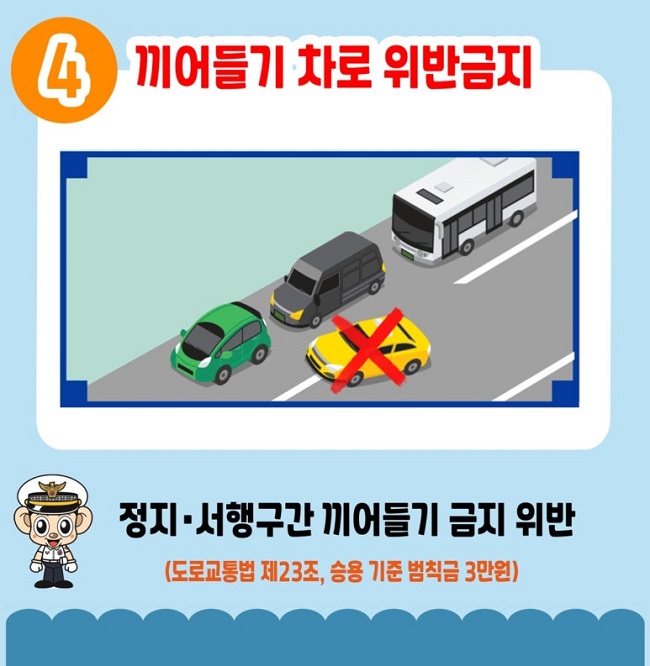 4 끼어들기 차로 위반금지
정지·서행구간 끼어들기 금지 위반
(도로교통법 제23조, 승용 기준 범칙금 3만원)