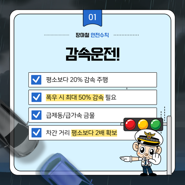 01
장마철 안전수칙
감속운전!
∨ 평소보다 20% 감속 주행
∨ 폭우 시 최대 50% 감속 필요
∨ 급제동/급가속 금물
∨ 차간 거리 평소보다 2배 확보