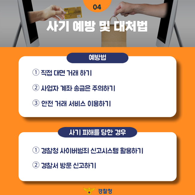 04
사기 예방 및 대처법
예방법
① 직접 대면 거래 하기
② 사업자 계좌 송금은 주의하기
③ 안전 거래 서비스 이용하기
사기 피해를 당한 경우
① 경찰청 사이버범죄 신고시스템 활용하기
② 경찰서 방문 신고하기
경찰청