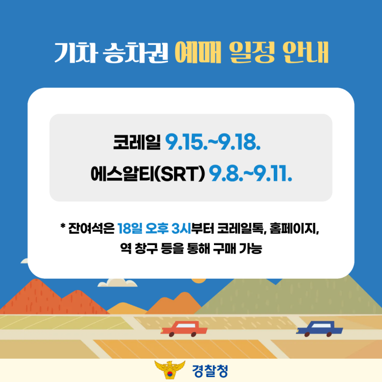 기차 승차권 예매 일정 안내
코레일 9.15.~9.18.
에스알티(SRT) 9.8.~9.11.
* 잔여석은 18일 오후 3시부터 코레일톡, 홈페이지,
역 창구 등을 통해 구매 가능
경찰청