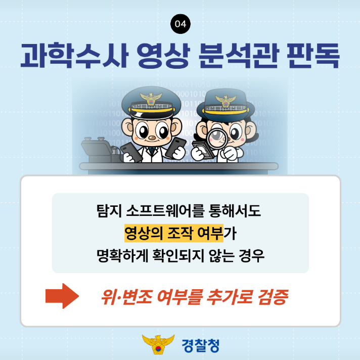 04
과학수사 영상 분석관 판독
탐지 소프트웨어를 통해서도 영상의 조작 여부가 명확하게 확인되지 않는 경우
위·변조 여부를 추가로 검증
경찰청