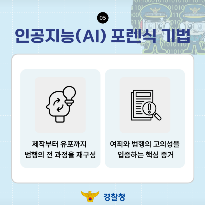05
인공지능(AI) 포렌식 기법
제작부터 유포까지 범행의 전 과정을 재구성
여죄와 범행의 고의성을 입증하는 핵심 증거
경찰청