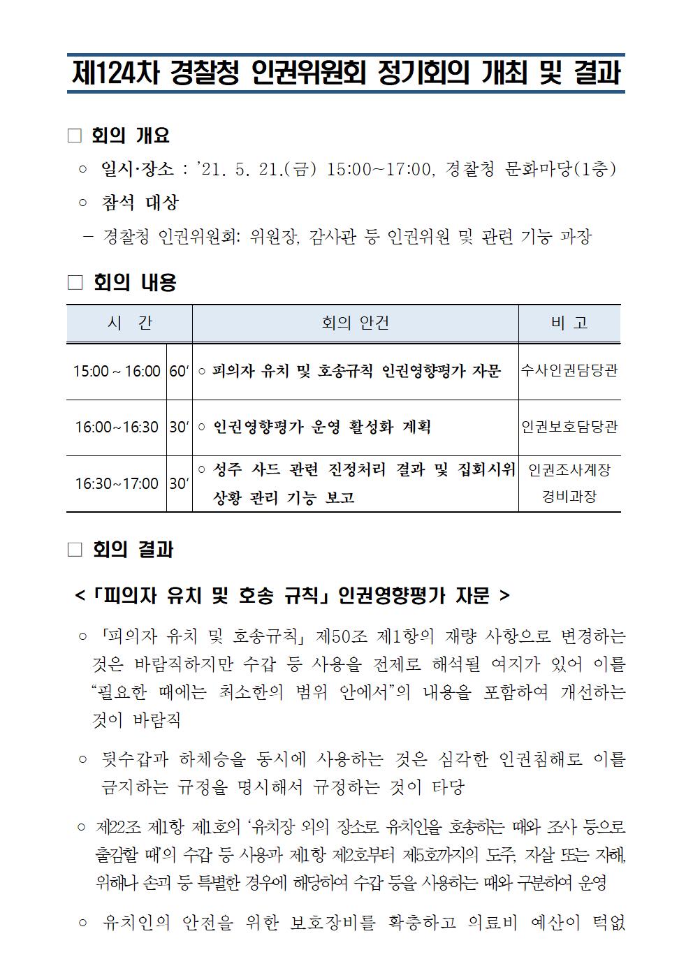 제124차 경찰청 인권위원회 정기회의 개최 및 결과 아래설명